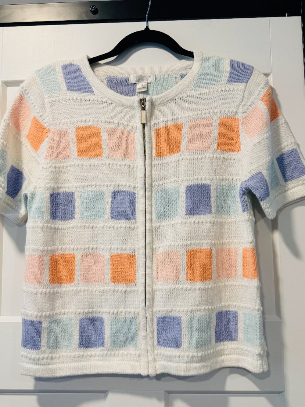 Vintage Christopher & Banks Pastel & White Zipper Front Short-Sleeve Sweater